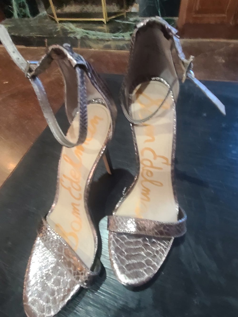 Sam Edelman Metallic Rose Gold Croc-Embossed Ankle Strap Stilettos